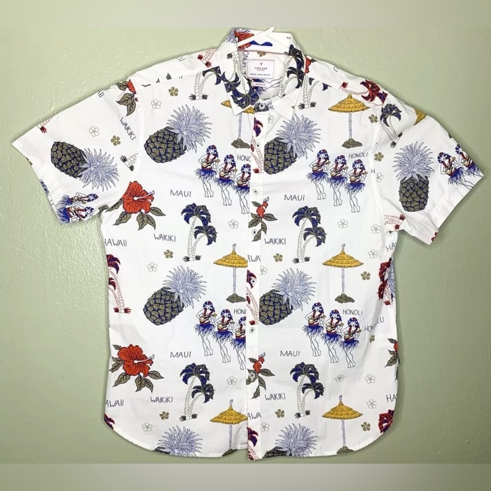 Zip Code Ricky Singh Mens XL Slim White Floral Dancing Hula Girl Hawaiian Shirt